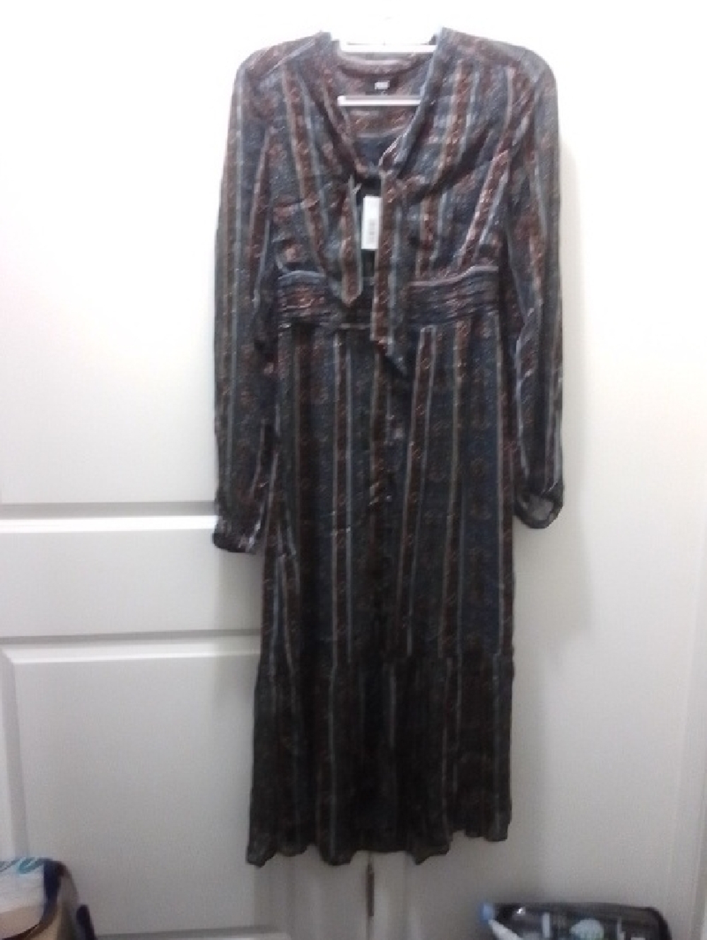 PAIGE Green and Rust Striped Long Sleeve Midi Dress
